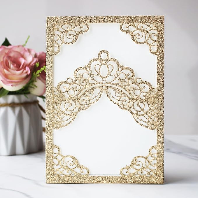 Hosmsua 50PCS Personalized Gold Glitter Quinceanera Invitations Kit, 5.1x7.3 Inch Laser Cut Floral Crown Pocket Quinceanera Invitation Cards with Envelopes for Birthday Quince Anos Invite