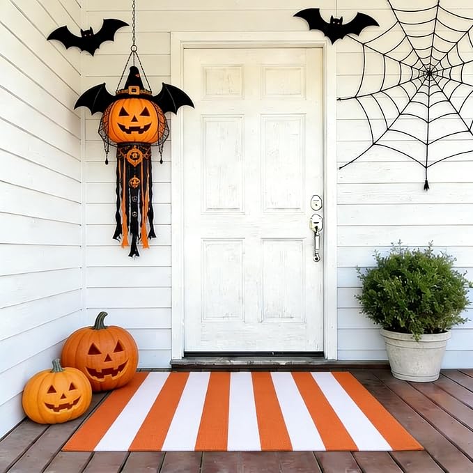 Striped Outdoor Rug 27.5x43 Orange and White Front Door Mat, Halloween Layering Rug for Porch, Washable Doormat, Cotton Area Rug for Outdoor Entrance Entryway Patio Porch Decor