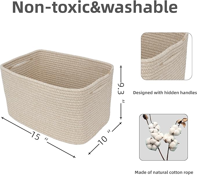 XUANGUO Woven Cotton Rope Storage Baskets 15x10x9.3" 3 Pack Oatmeal | Decorative rectangular storage baskets for shelves and closets; storage bins organize clothes, toys, books and nursery items