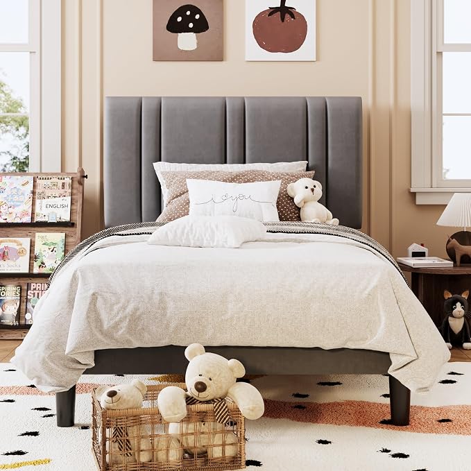 SHA CERLIN Twin Size Velvet Bed Frame with Adjustable Headboard, Grey | Vertical Channel Tufted Design, Upholstered Platform Bed, Wood Slats Support/No Box Spring Needed/Easy Assembly