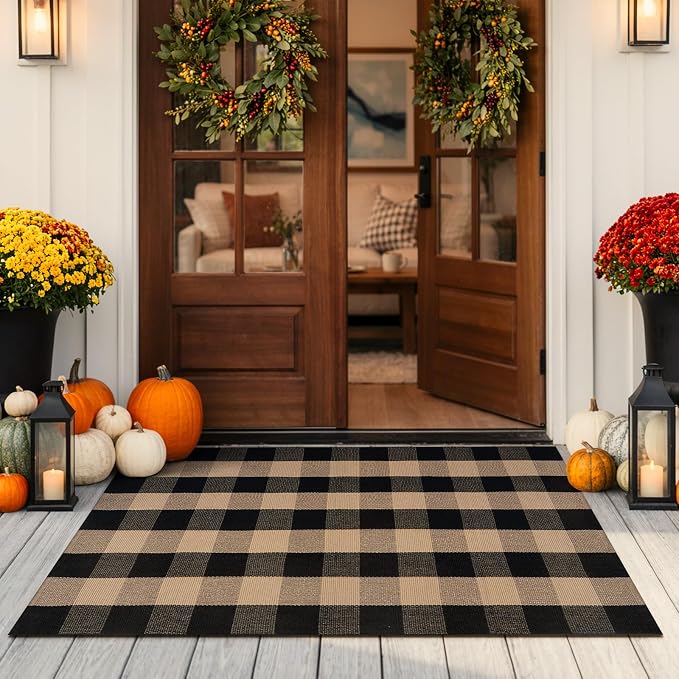 KIMODE Washable Outdoor Rug 3x5, Farmhouse Fall Front Door Mat, Black and Tan Checkered Patio Rug Carpet,Welcome Layering Rug for Front Porch Entryway Kitchen Outside Entrance