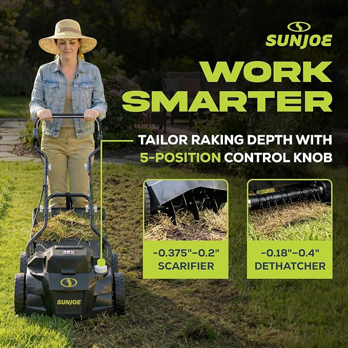 Sun Joe Cordless Scarifier & Dethatcher w/ 5 Depth Positions, 24V-X2-DTS15 | 600W Brushless Motor, 15-Inch Cutting Width - Heavy-Duty Yard Trimmer, Lawn Maintenance