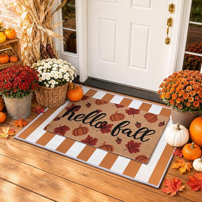 2pcs Hello Fall Doormats with Pumpkins Leaves Pattern Layered Autumn Front Porch Welcome Mat and Striped Crystal Velvet Layering Rug Non Slip Outdoor Entryway Flooring Decor for Thanksgiving