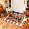 2pcs Hello Fall Doormats with Pumpkins Leaves Pattern Layered Autumn Front Porch Welcome Mat and Striped Crystal Velvet Layering Rug Non Slip Outdoor Entryway Flooring Decor for Thanksgiving