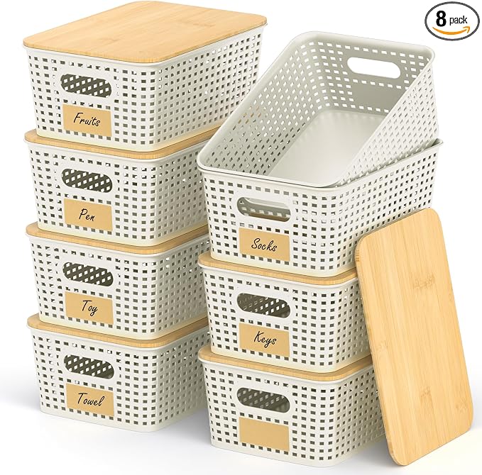 Stackable Storage Baskets: 8 Pack Plastic Baskets Bins, White | Decorative Baskets for Organizing, Pantry Decorative Containers for Closets, Cabinets, Shelves