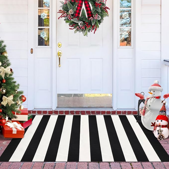 Black and White Striped Rug 3x5 Front Door Mat Cotton Woven Rug Front Porch Decor Washable Indoor Outdoor Rugs for Layered Door Mats Entryway Kitchen Bath Patio Farmhouse Carpet