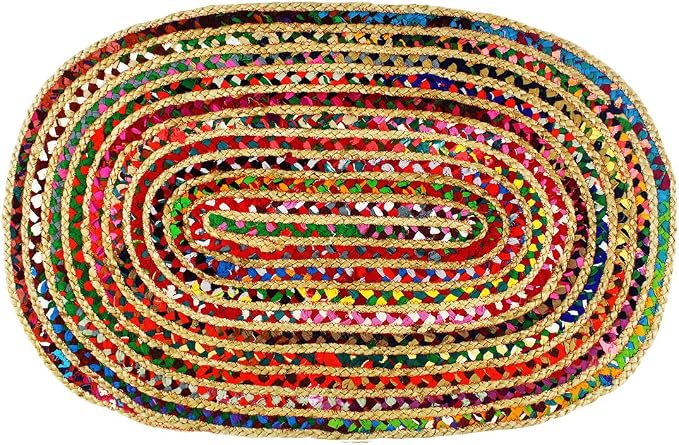Cotton Craft - Hand Woven Reversible Jute & Cotton Multi Chindi Braid Rug - 5 x 8 Feet Oval - This Rug is Made from Multi Color re-cycled Yarns, Actual Product May Vary in Color from the Image Shown