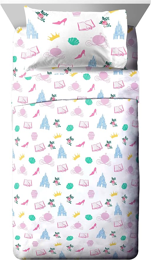 Disney Princess Twin Comforter Set 4 Piece Kids Bedding for Girls, Pink | Bed in a Bag, Comforter Sheets Pillowcase, Official Product, Soft Microfiber, Machine Washable, Easy Care, Girls Gift