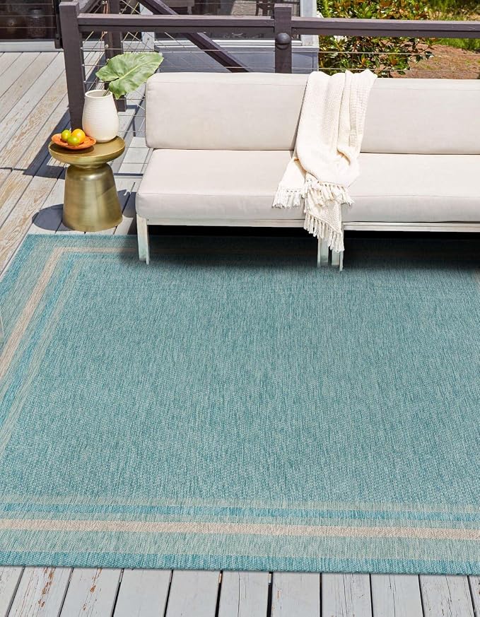 Unique Loom Outdoor Border Collection Area Rug - Soft Border (13' Square, Aquamarine/ Ivory)