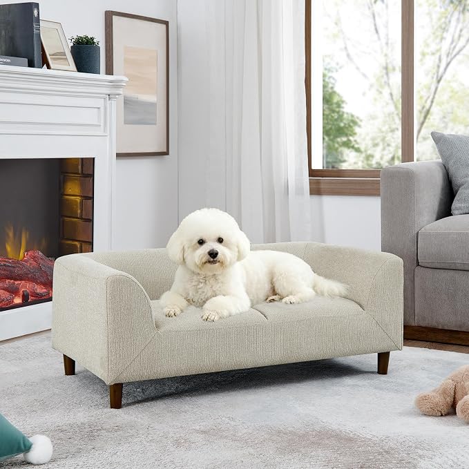 Dog Sofa Bed for Medium Dogs with Backrest and Armrest, Memory Foam Dog Sofa Couch, Modern Elevated Pet Couch Bed with Wooden Legs, Beige