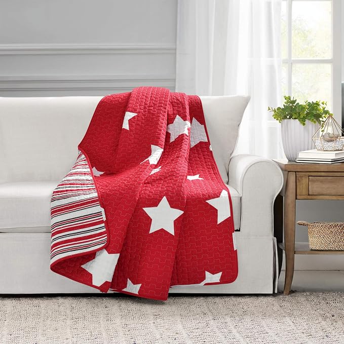 Lush Decor Star Reversible Cotton Throw Blanket Single 50" W x 60" L Red - Kids Blanket for Bed - Red Couch Blanet - Kids Bedroom Decor