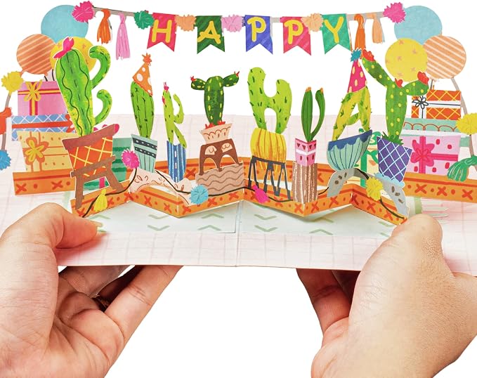 Paper Love Birthday Pop Up Cards 2 Pack - Includes 1 Birthday Butterfly and 1 Happy Birthday Cactus, For Adults or Kids -5" x 7" Cover - Includes Envelope and Note Tag