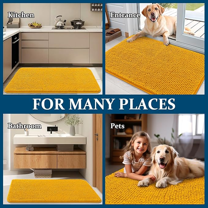 OLANLY Dog Door Mat for Muddy Paws 70x24, Absorbs Moisture and Dirt, Absorbent Non-Slip Washable Doormat, Quick Dry Chenille Mud Mat, Entry Indoor Entryway Carpet for Inside Floor, Golden Yellow