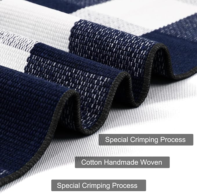 uxcell Buffalo Check Rug,Plaid Outdoor Rug,Layered Door Mat,Cotton Gingham Rugs,Floor Mat for Front Porch/Runner/Bedroom/Kitchen/Farmhouse 51"x24" Navy & White