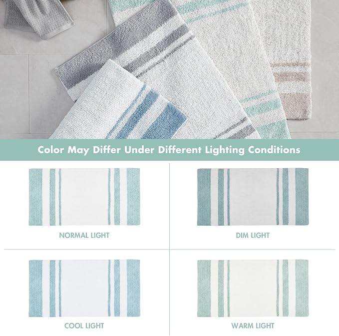 Madison Park Reversible Spa Cotton Bath Rug 100%-Cotton Striped Ultra Soft Water Absorbent, Fast Drying, Bath-Mats, Non-Slip Absorbent Quick Dry Mats for Tub, Shower Room, and Bathroom, 27x45, Aqua | Quick Dry, Ultra Soft, Pile, Machine Washable, Plush...