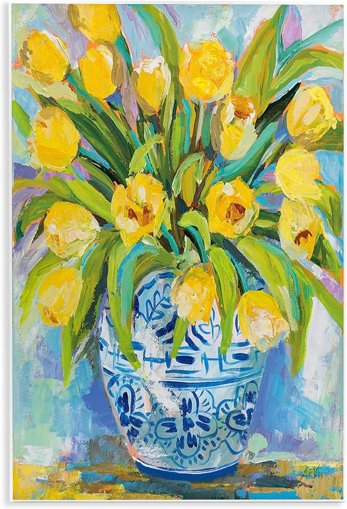 Expressive Yellow Tulips Vase, 10 x 15 Inch Mounted Print on Wall Plaque | Stupell Industries · By Jeanette Vertentes · Ready to hang · Bright spring home accent · Made in USA