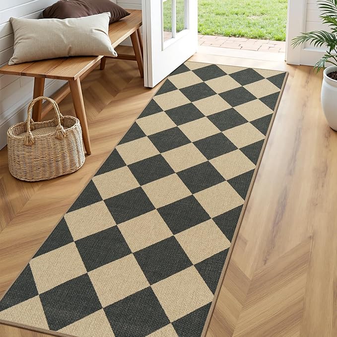 Lessymo Kitchen Runner Rug 2x6, Checkered Jute Rugs Washable Non Slip | for Entryway Hallway, Farmhouse Diamond Bedside Rugs Indoor Outdoor Carpets for Patio Porch, Stain Resistant, Black/Beige