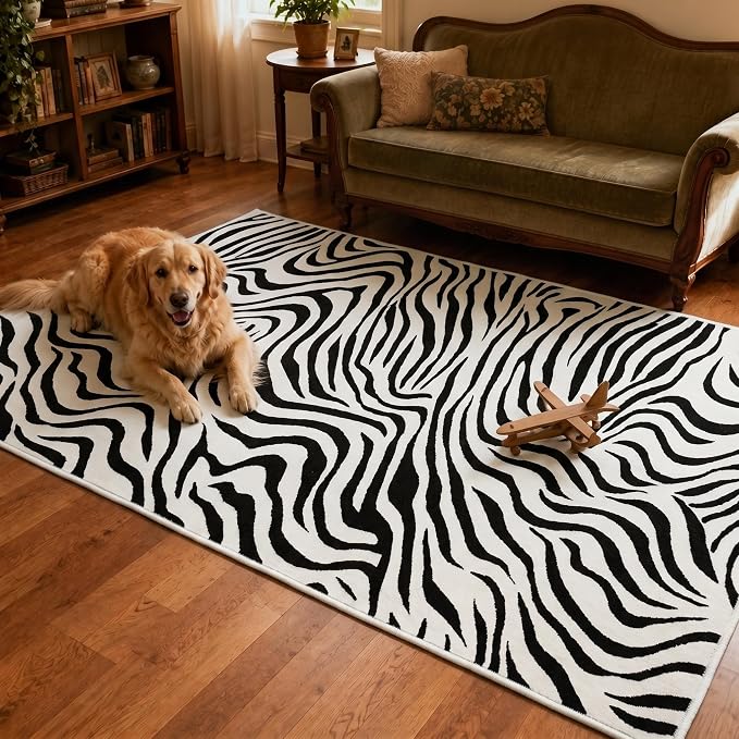 Zebra Print Rug, 5x7, Black and White Animal Print Rug, Modern Abstract Design, Non-Slip TPE Backing, Low-Pile, Washable and Easy-to-Clean, Suitable for Living Rooms, Bedrooms, and Home Offices