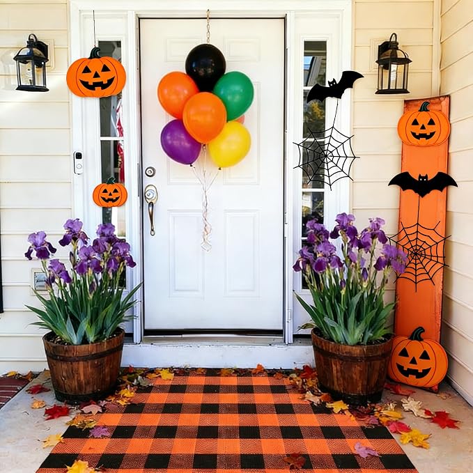 Halloween Orange and Black Buffalo Plaid Rug, 3'x5' Indoor Outdoor Durable Rug, Spooky Accent Mat for Halloween Indoor Outdoor Decor, Living Room, Porch, Patio, Entryway