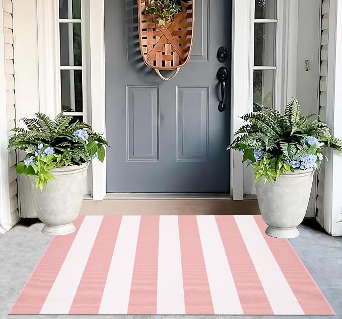 Striped Area Rug 27.5"x43",Pink White Farmhouse Front Porch Rug Cotton Woven Washable Entryway Rug Indoor Outdoor Front Door Mat for Porch/Entryway/Home Entrance Decor