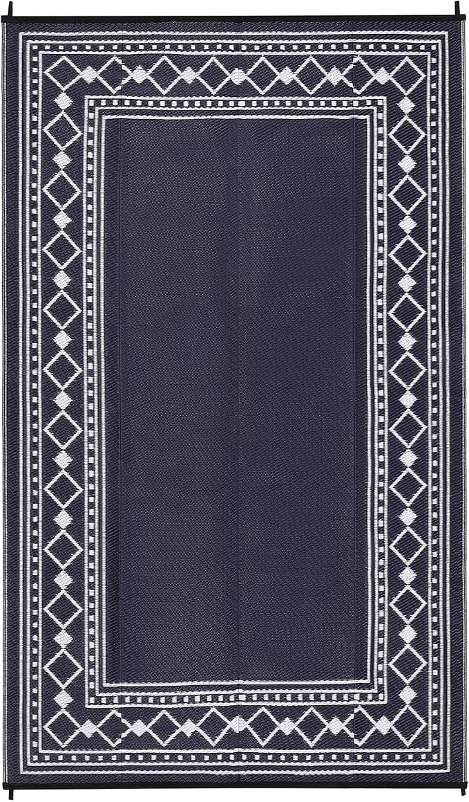 Waterproof Reversible Outdoor Rug – Durable Plastic Straw Patio Mat, Easy-Clean, Carry Bag & Stakes – Modern Geometric Edge, 9x12ft, Black Blue/White – Specification