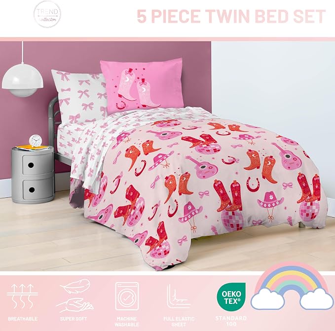 Trend Collector Cowgirl Twin Comforter Set 5 Piece Kids Bedding, Pink | Bed in a Bag, Comforter Sheets Sham Pillowcase, Soft Microfiber, Machine Washable, Easy Care, Girls Gift
