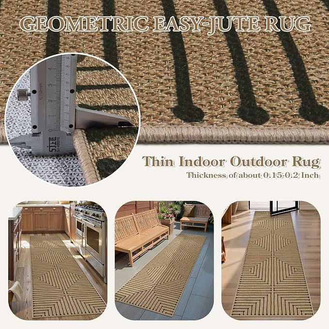 Lahome Geometric 2x8 Runner Rug, Neutral Non Slip Kitchen Entryway Runner | Farmhouse Rhombus Low Pile Non Shedding Nature Indoor Outdoor Carpet Runner for Laundry Room