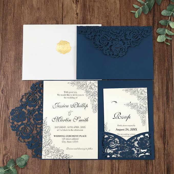 DORIS HOME Laser Cut Wedding Invitation Pockets, Blue, 5"x7" | 50pcs, With Envelopes, For Wedding & Anniversary, No Inserts Included