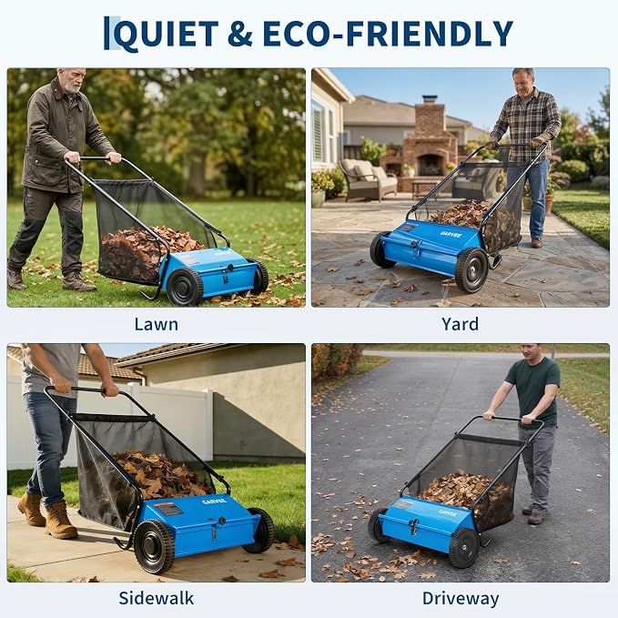 26 Inch Push Lawn Sweeper, 7 Cu. ft Grass Cutter, 4 High-Speed Spinning Brushes, Durable Steel Construction, Walk-Behind Leaf & Grass Collector for Yard Cleanup