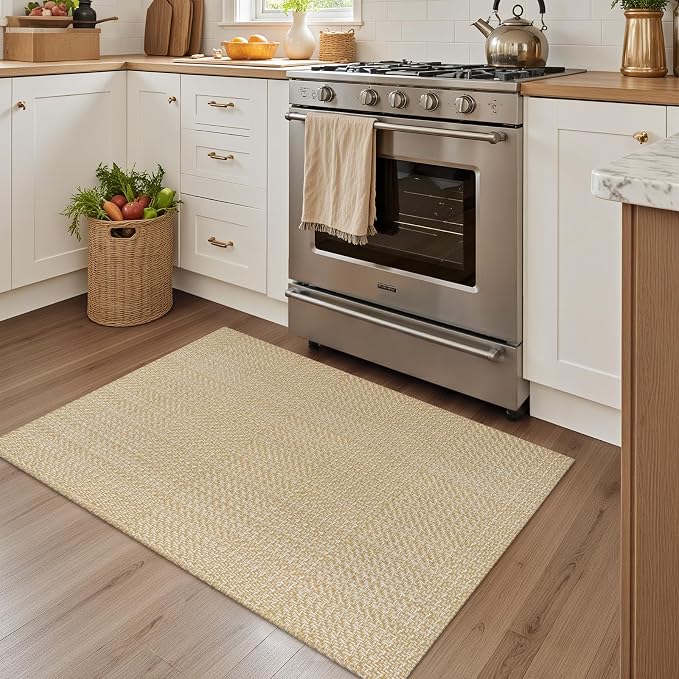 Rugalia Washable Woven Indoor Outdoor Doormat, 2x3 Natural Beige Cotton Small Entryway Rug Low Pile Non-Slip Kitchen Rug, Modern Farmhouse Neutral Throw Rug for Porch Bathroom Entrance Bedroom