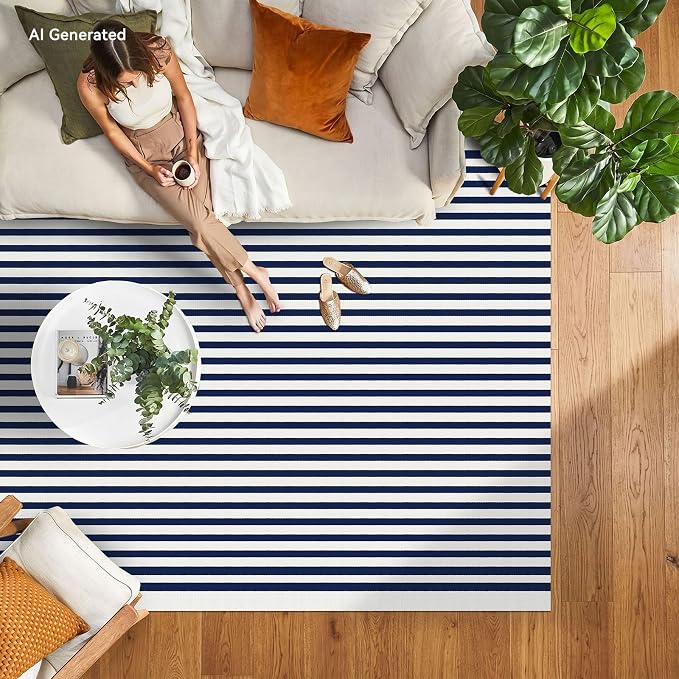 IOHOUZE Striped Area Rug 4'x6' Front Door Rugs Washable Area Rug for Double Front Porch, Large Patio Rug Outdoor Indoor, Doormat for Entryway Porch Entrance, Navy/White