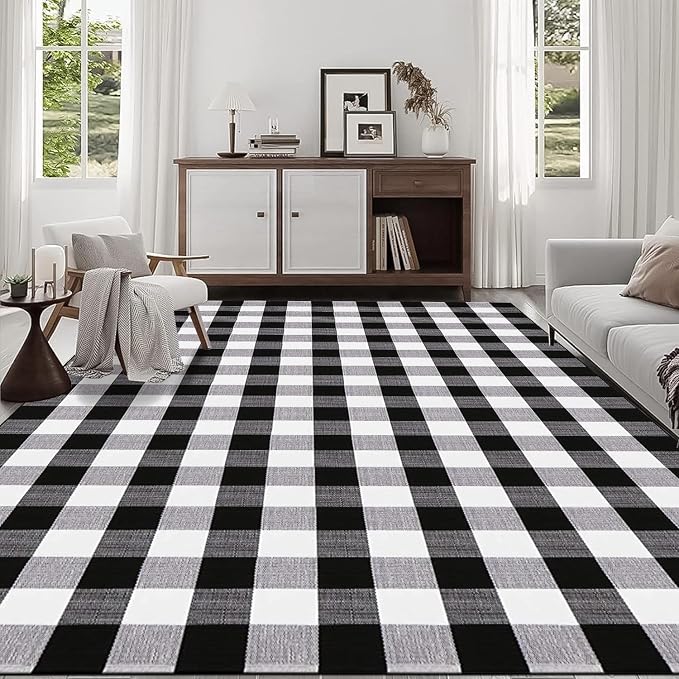 Buffalo Plaid Rug 5.5'x7.5'Black and White Area Rug,Washable Cotton Woven Indoor/Outdoor Rug for Farmhouse/Dining Room/Bedroom/Living Room Rug Retro Lattice Checkered Carpet