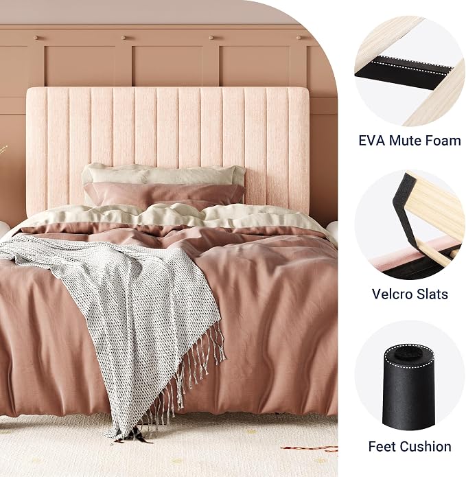 Allewie Twin Bed Frame, Upholstered Platform Bed with Adjustable Vertical Channel Tufted Headboard, Mattress Foundation with Strong Wooden Slats, Box Spring Optional, Easy Assembly, Chenille Pink