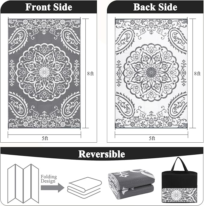 Pauwer Outdoor Rug 5x8, Waterproof Plastic Straw Camping Rug, Boho Grey | Reversible Patio Rug, UV Resistant Indoor Outdoor RV Mat Carpet For Deck, Camper, Porch, Balcony, Backyard, Picnic, Foldable