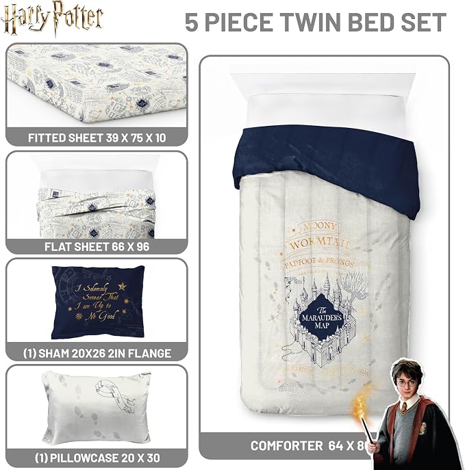 Harry Potter Twin Comforter Set 5 Piece Soft Fantasy Bedding, Beige | Hogwarts, Bed in a Bag, Comforter Sheets Sham Pillowcase, Official Product, Soft Microfiber, Machine Washable, Gift