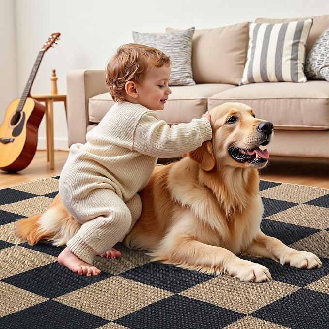 EDIMENS 3x5 Outdoor Rugs Checkered Easy Jute Front Door Mat Entryway Rug | Black Washable Non Slip Indoor Outdoor Rug Farmhouse Neutral Living Room Carpet for Backyard Porch Balcony Patio