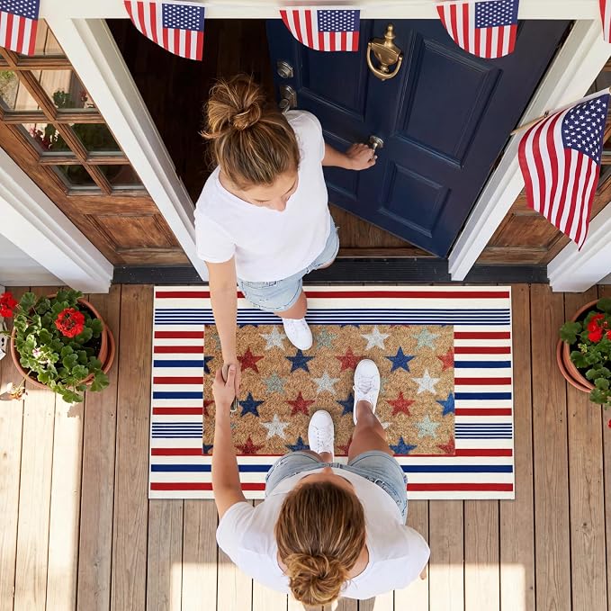 Moucuny 2 Pcs 4th of July Patriotic Coir Door Mat 24'' x 35'' Red Blue White Patriotic Outdoor Rug 16'' x 28'' Star Coir Doormat Non Slip Independence Day Welcome Doormat for Outside Porch Front Decor
