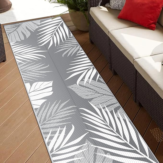 GENIMO Outdoor Rug, Waterproof Plastic Runner Rugs, 2.5'x8' Grey White | Outside Leaf Carpet Mat for Patio Decor, Porch, Deck, Balcony, Camping, RV, Picnic, Beach, Reversible, Foldable, Lightweight