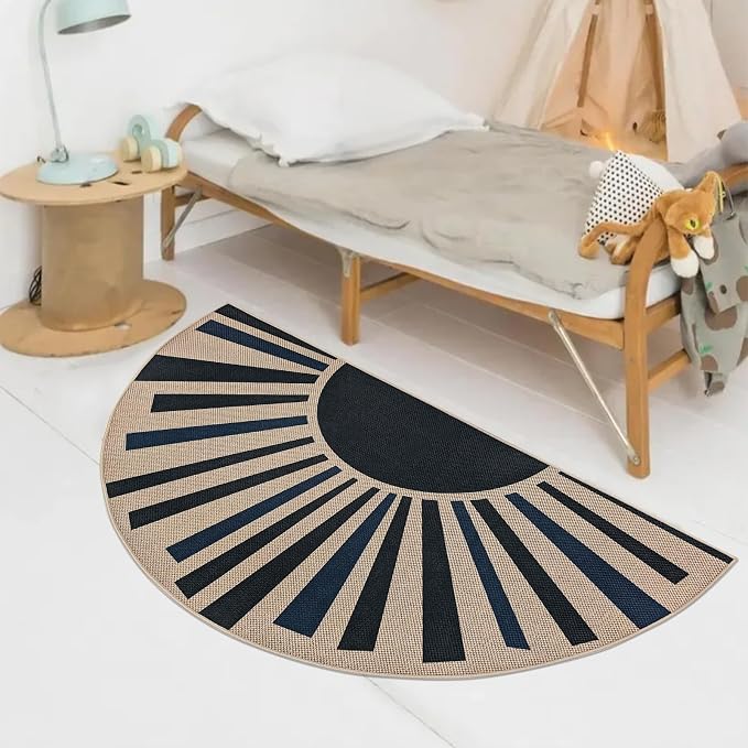 Easy Jute Sun Rug 2.6x5Ft Half Circle Sunshine Doormat Neutral Faux Jute Indoor Outdoor Carpet for Farmhouse Bedroom Entrance Balcony Kitchen Laundry Room, Nonslip, Half Round, Black/Blue 4