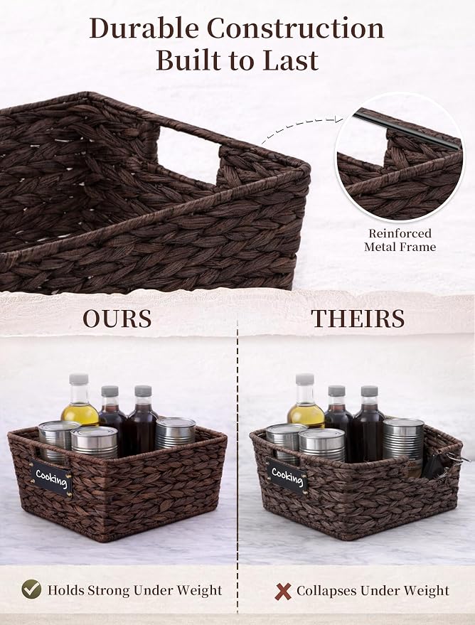 Pantry Baskets, 3 Pack Wicker Storage Baskets for Shelves, Brown | Water Hyacinth Baskets for Organizing, 3-Size Pantry Bins with Chalkboard and Marker for Shelf, Snack, Kitchen, Bathroom
