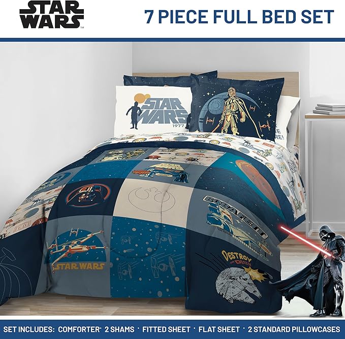 Jay Franco Star Wars Full Comforter Set 7 Piece Soft Bedding for Boys, Blue | Darth Vader Yoda, Bed in a Bag, Comforter Sheets Shams Pillowcases, Official Product, Microfiber, Machine Washable, Boys Gift