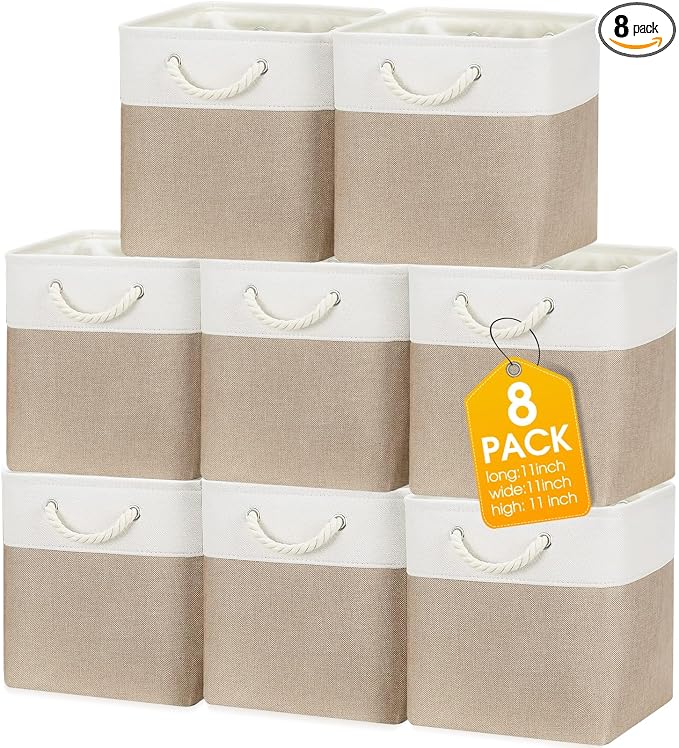 meekoo 8 Pack Collapsible Storage Bins Fabric Storage Bins Polyester Fabric Baskets with Handles Linen Closet Organizer for Shelf Home Closet Towels Toys(11 x 11 x 11 in,Beige)