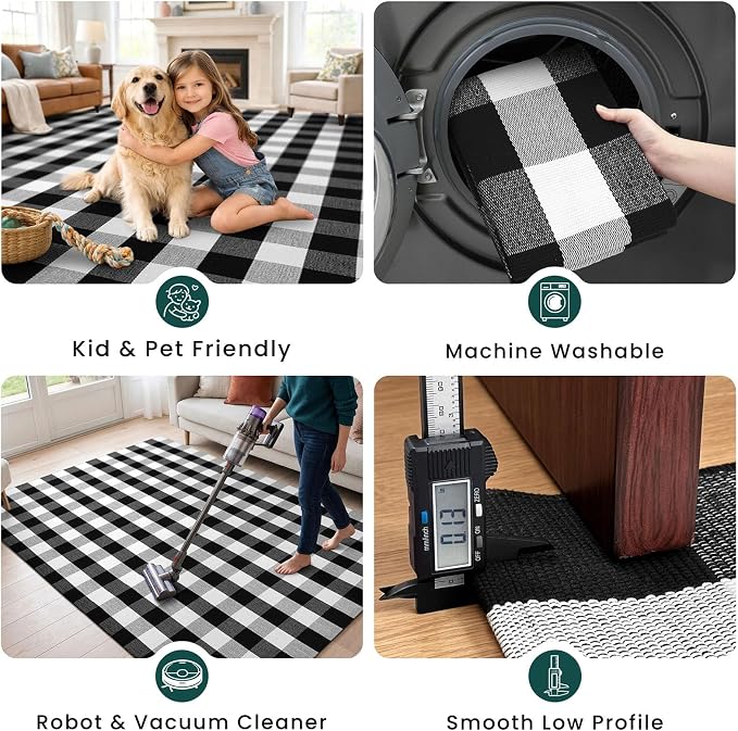 KOZYFLY Buffalo Plaid Area Rug 5x8 Living Room Rug Washable Cotton Black and White Checkered Rugs Outdoor Carpet for Dining Room Bedroom Farmhouse Patio Rugs