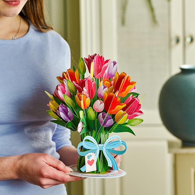 Paper Love HugePop Flower Bouquet Pop Up Cards 2 Pack - Includes 1 Butterfly Bouquet and 1 Tulip Bouquet, Gift For Mothers Day, Birthday, Valentines Day, All Occasions - Jumbo 10" x 14" Card