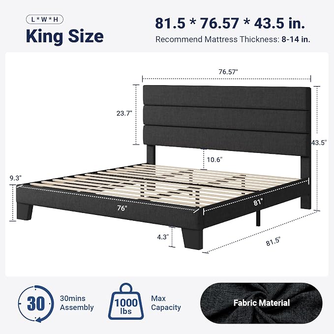 Allewie King Size Platform Bed Frame with Fabric Upholstered Headboard Gray | Wooden Slats Support, Fully Upholstered Mattress Foundation, No Box Spring Needed, Easy Assembly, Noise-Free, Dark Grey