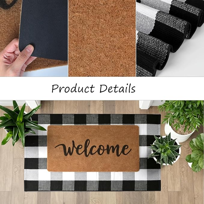 2 Pcs Home Decor Door Mat Combo Set, Coir Welcome Mat & 27.5 x 43 Inches Black and White Plaid Rug,Layered Buffalo Plaid Mat for Front Porch Entryway, Indoor Outdoor Welcome Mats