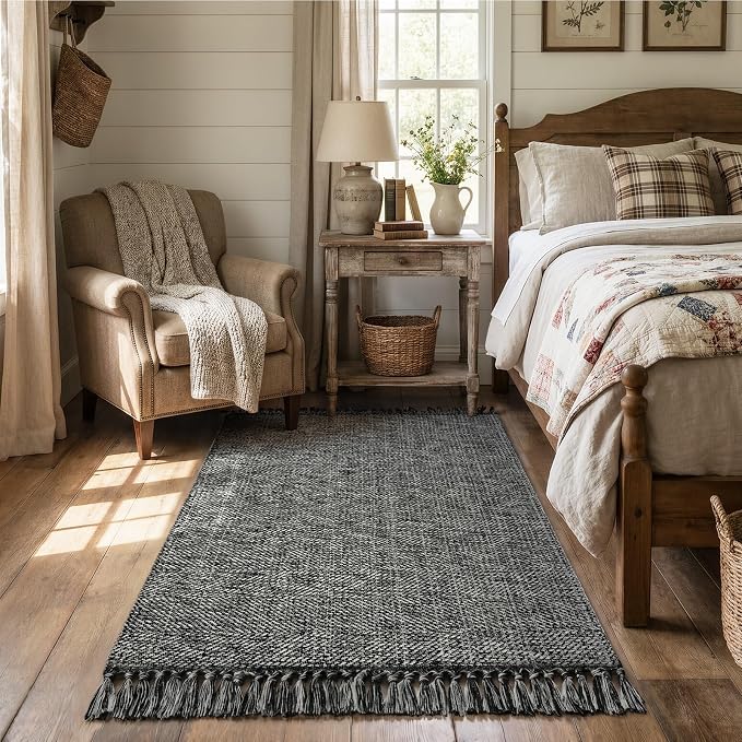 Collive 3' x 5' Indoor Outdoor Rug, Modern Farmhouse Entryway Rug Boho Porch Rugs, Black Hand-Woven Washable Kitchen Mats Front Door Mat for Patio Bedside Nursery Decor