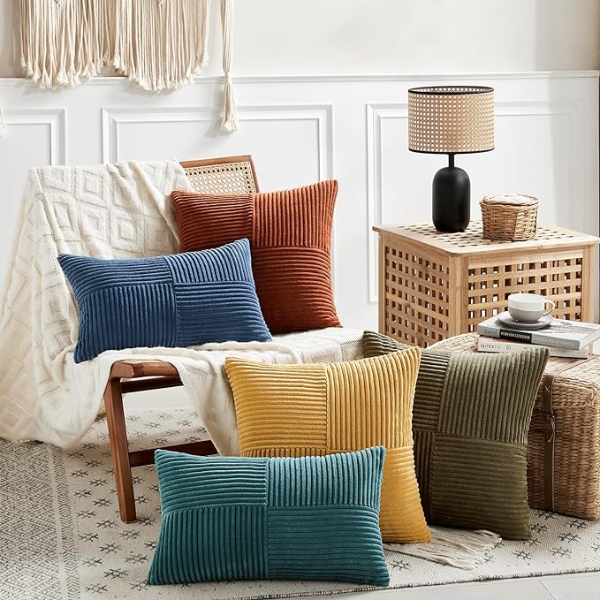 Fancy Homi 2 Packs Teal Long Lumbar Decorative Throw Pillow Covers 16x24 Inch for Couch Bed Sofa, Rustic Farmhouse Boho Home Decor, Soft Striped Corduroy Rectangle Accent Cushion Case 40x60 cm