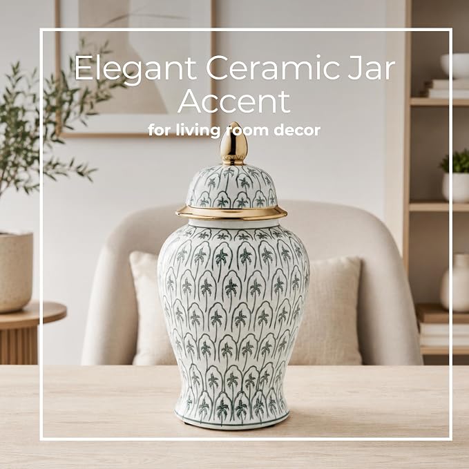 18" Temple Jar with Lid - Ceramic White, Green and Gold Palm Tree Decorative Stoneware for Home, Office, Gift Idea
