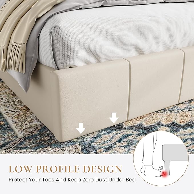 SHA CERLIN Queen Bed Frame, Dutch Velvet Upholstered Platform Bed, Vertical Channel Tufted Adjustable Headboard, Low Profile Bed Frame, No Box Spring Needed, Easy Assembly, Cream